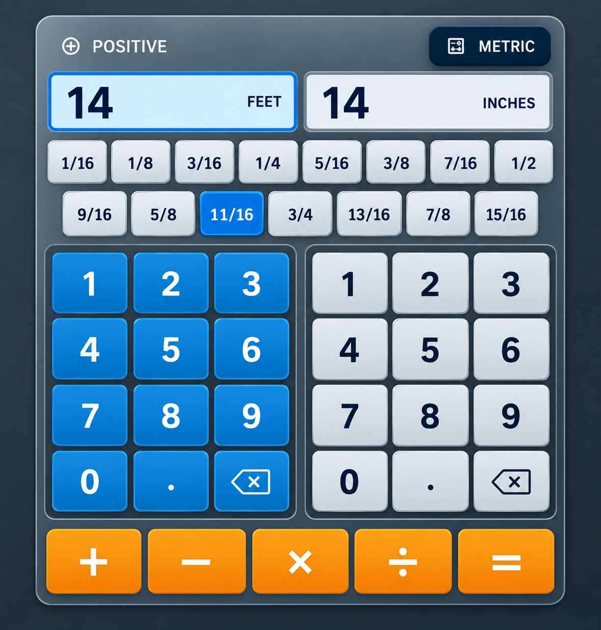 Calculator design preview with a blue feet keypad, a grey inches keypad and two rows of fraction keys.