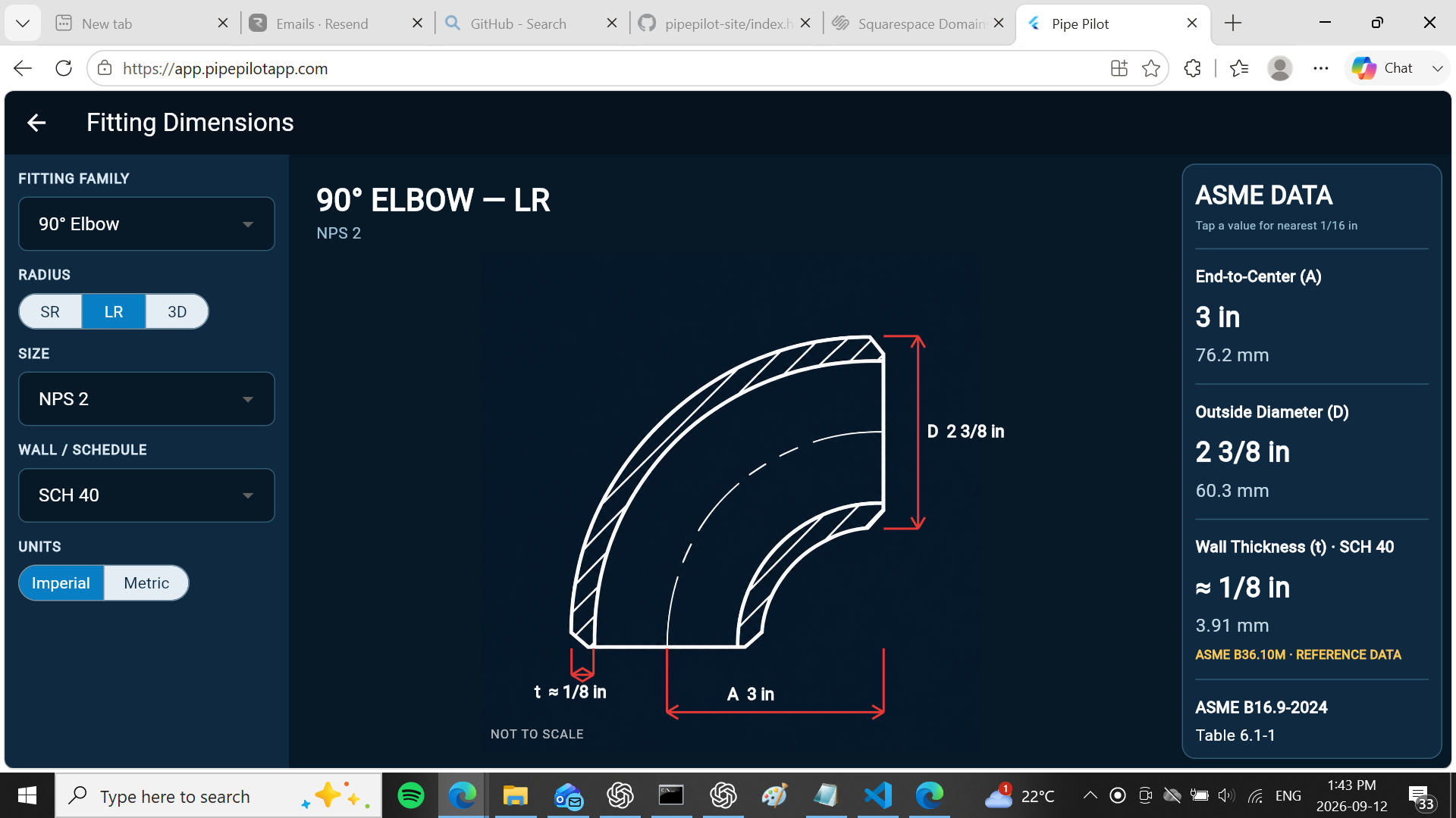 Fitting Dimensions showing a long-radius 90-degree elbow, size and schedule selectors, and dimension callouts.