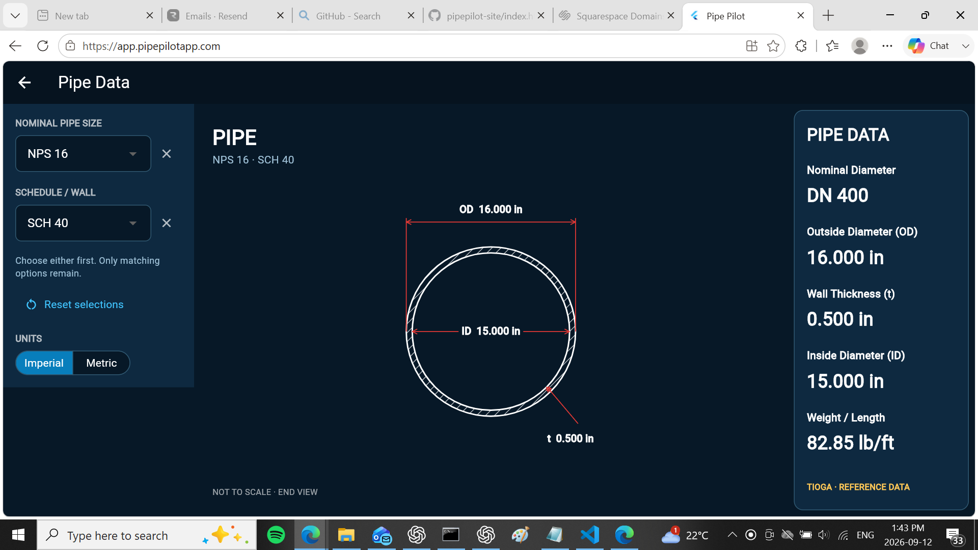 Pipe Data showing size and schedule selectors, a dimensioned pipe cross-section, and diameter, wall thickness and weight per length.