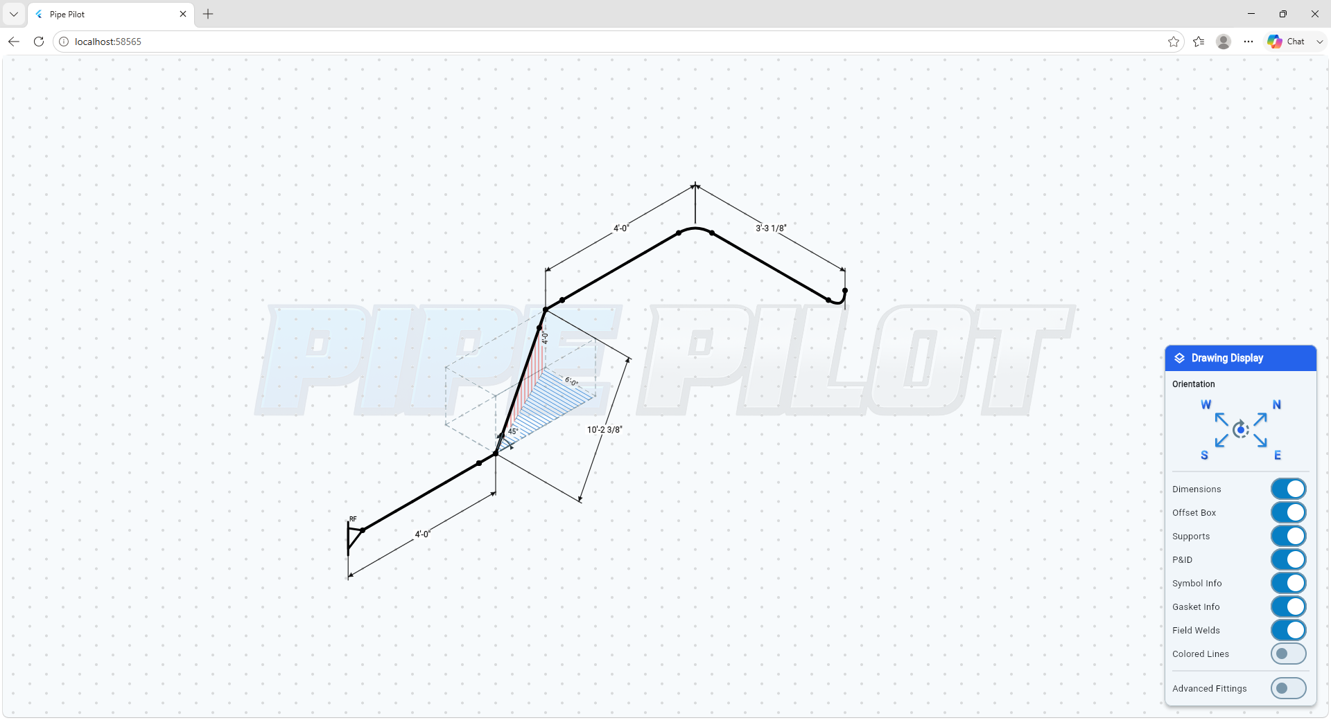 Pipe Pilot working interface showing a complex isometric piping layout with fittings, dimensions, callouts and display controls