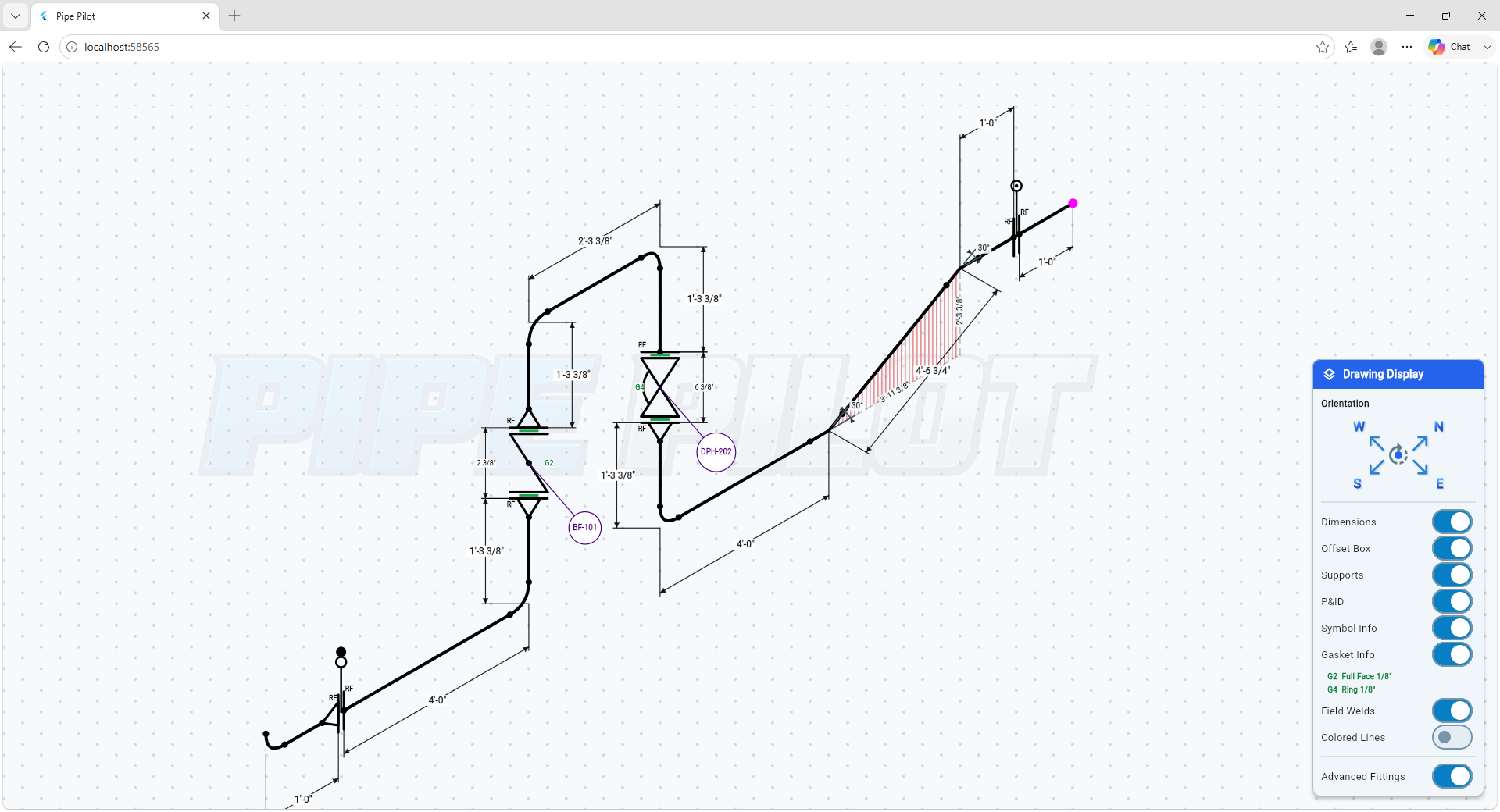 Pipe Pilot working interface showing angled isometric routing, offset construction geometry and dimensions